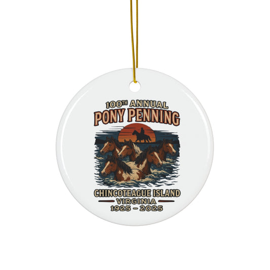 CI100 100th Annual Pony Penning Christmas Ceramic Circle Ornament
