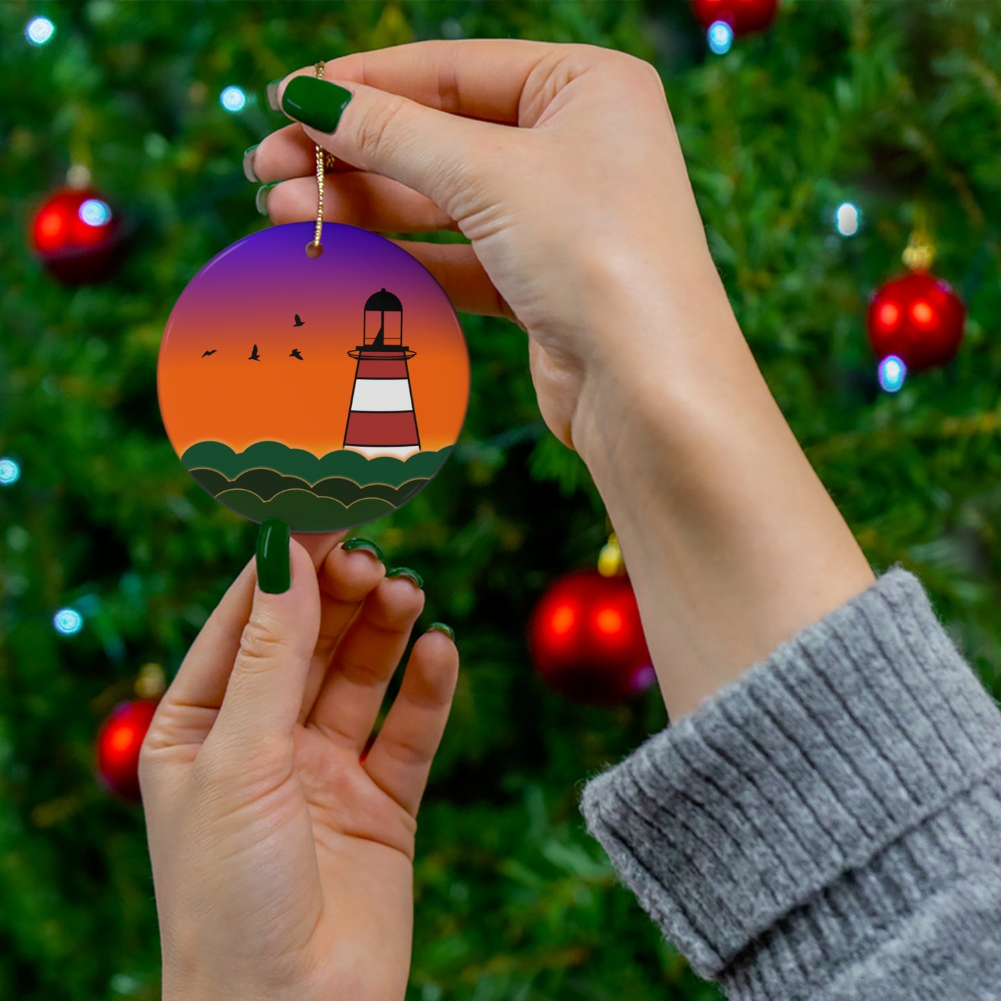 CI100 Lighthouse Sunset Christmas Ceramic Circle Ornament